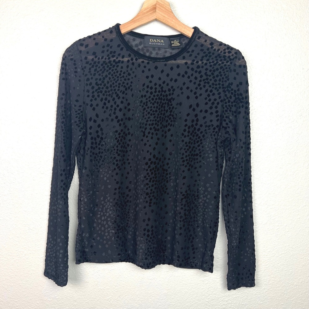 Dana Buchman Womans Medium Black Sheer Velvet Burnout Long Sleeve Top Whimsigoth